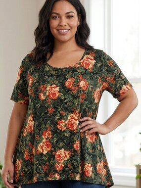 LuLaRoe Floral Rose Print Tunic | Short Sleeve Longline Top XL